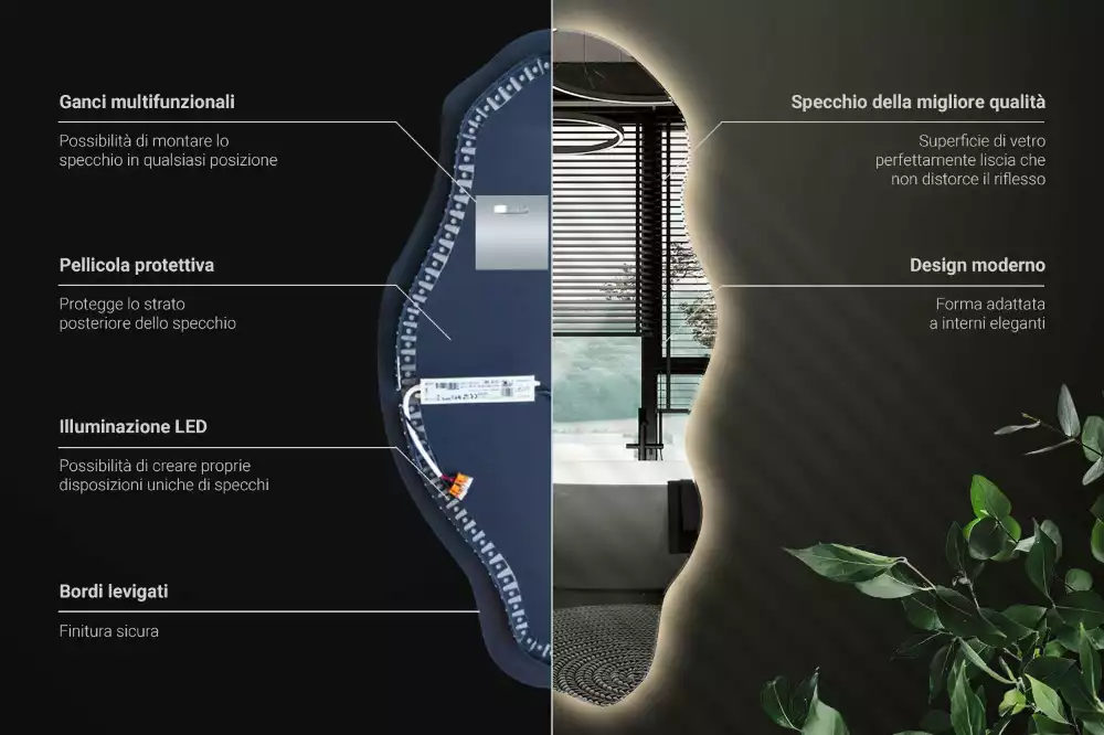 Specchio asimmetrico illuminato a LED