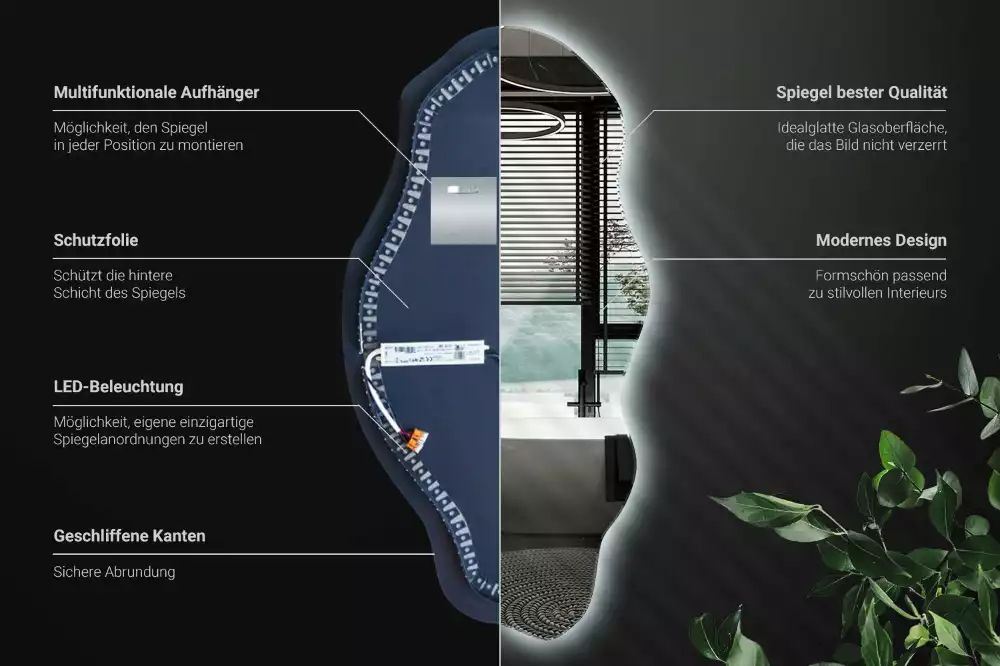 Specchio asimmetrico illuminato a LED