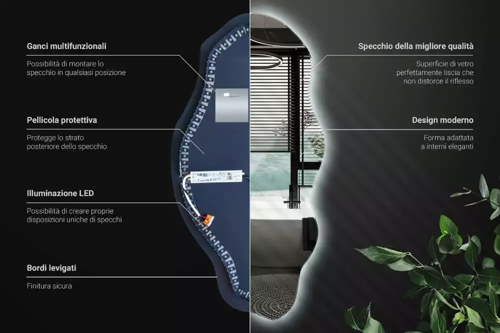 Specchio asimmetrico illuminato a LED