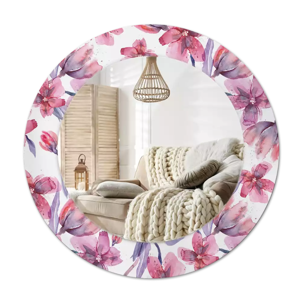Specchio rotondo con cornice stampata Fiori ad acquerello