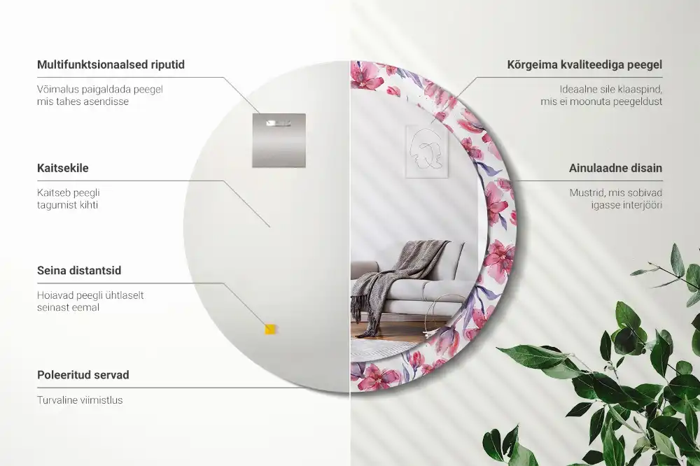 Specchio rotondo con cornice stampata Fiori ad acquerello