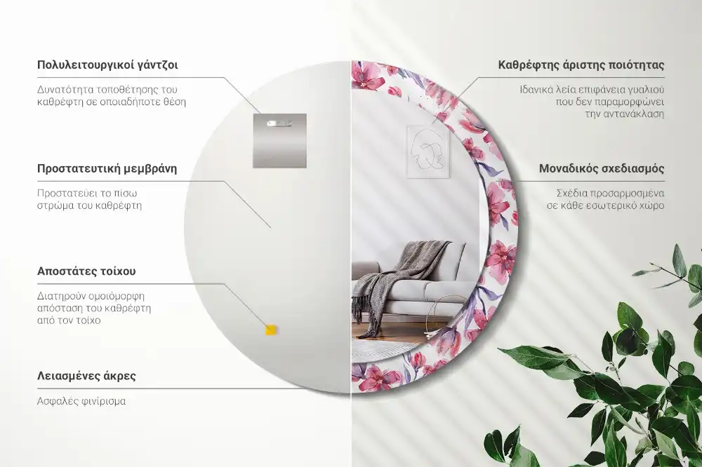 Specchio rotondo con cornice stampata Fiori ad acquerello