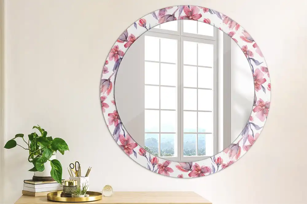 Specchio rotondo con cornice stampata Fiori ad acquerello
