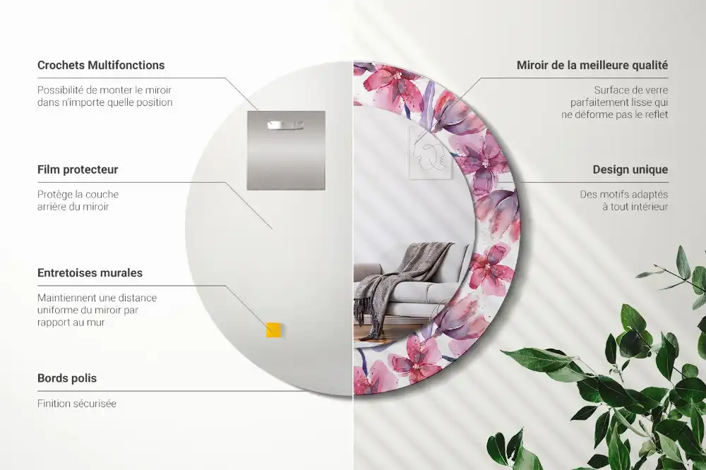 Specchio rotondo con cornice stampata Fiori ad acquerello