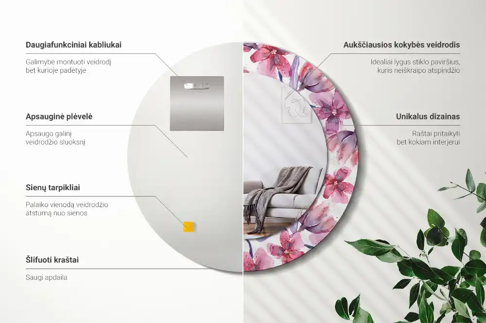 Specchio rotondo con cornice stampata Fiori ad acquerello