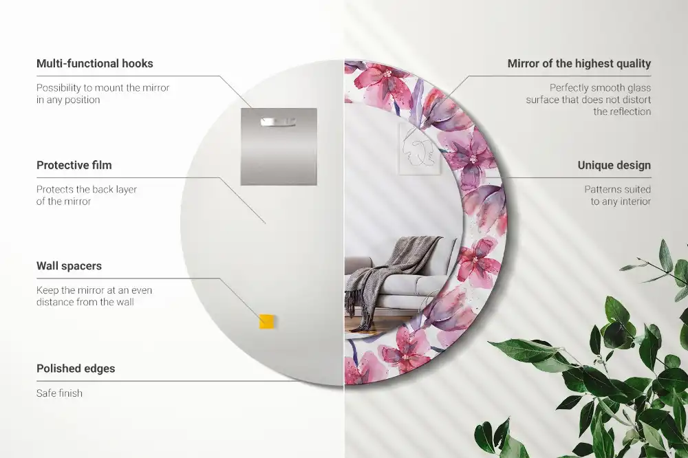 Specchio rotondo con cornice stampata Fiori ad acquerello