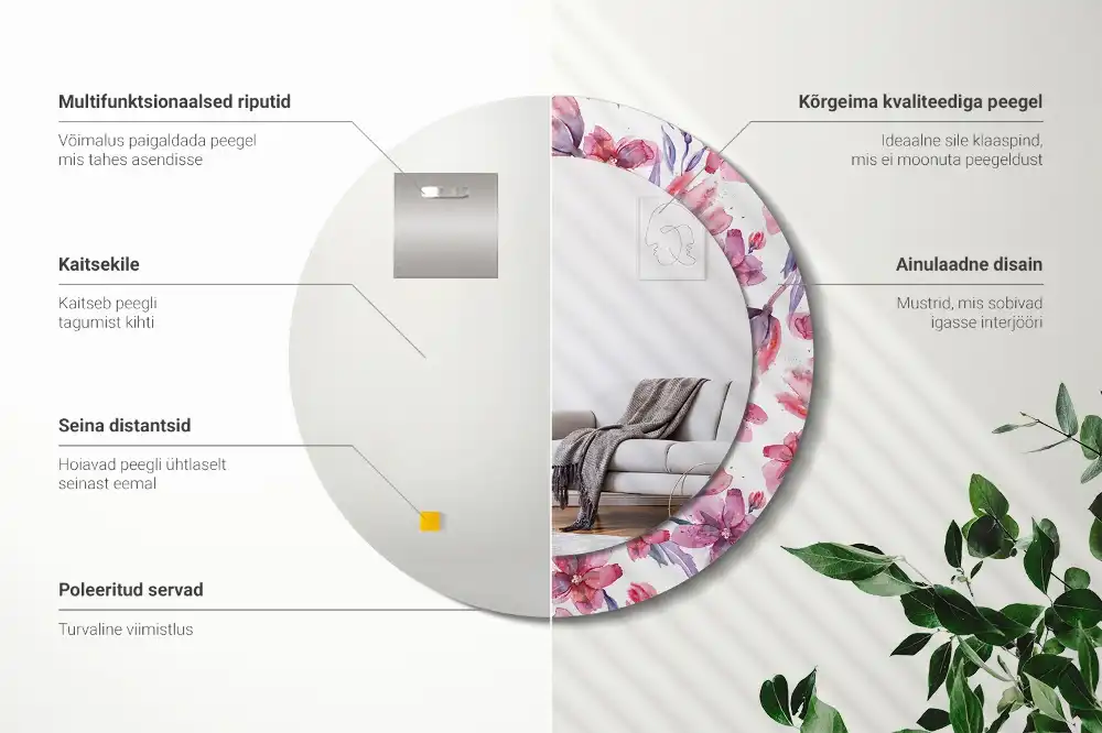 Specchio rotondo con cornice stampata Fiori ad acquerello