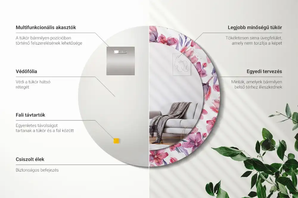 Specchio rotondo con cornice stampata Fiori ad acquerello