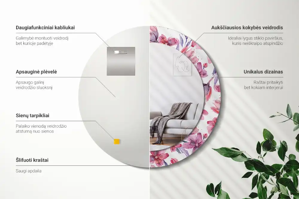 Specchio rotondo con cornice stampata Fiori ad acquerello