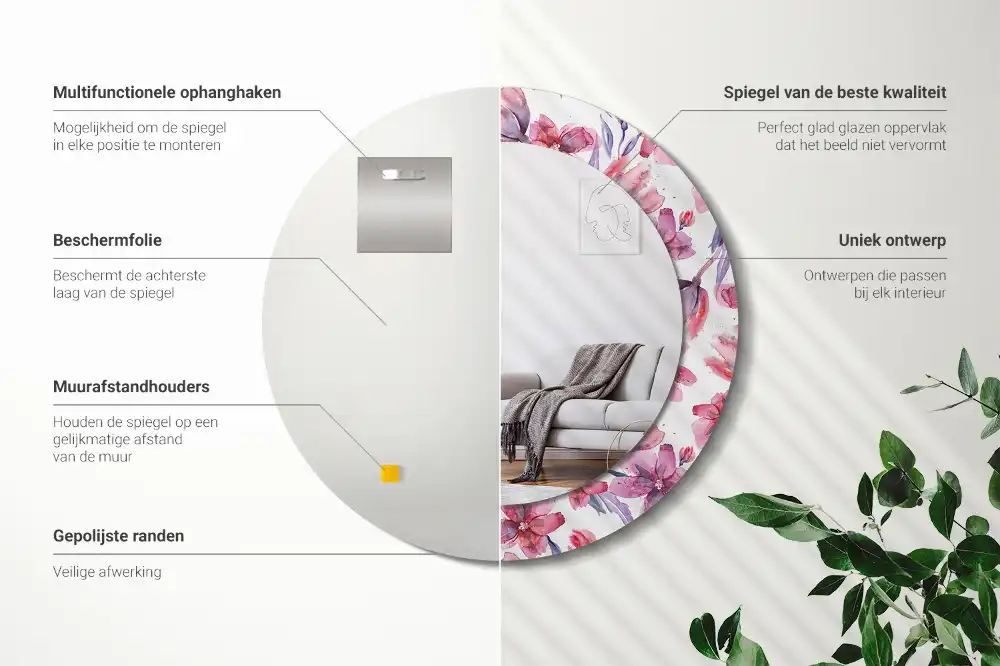 Specchio rotondo con cornice stampata Fiori ad acquerello