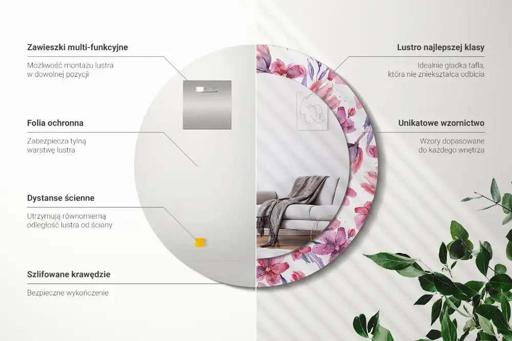 Specchio rotondo con cornice stampata Fiori ad acquerello