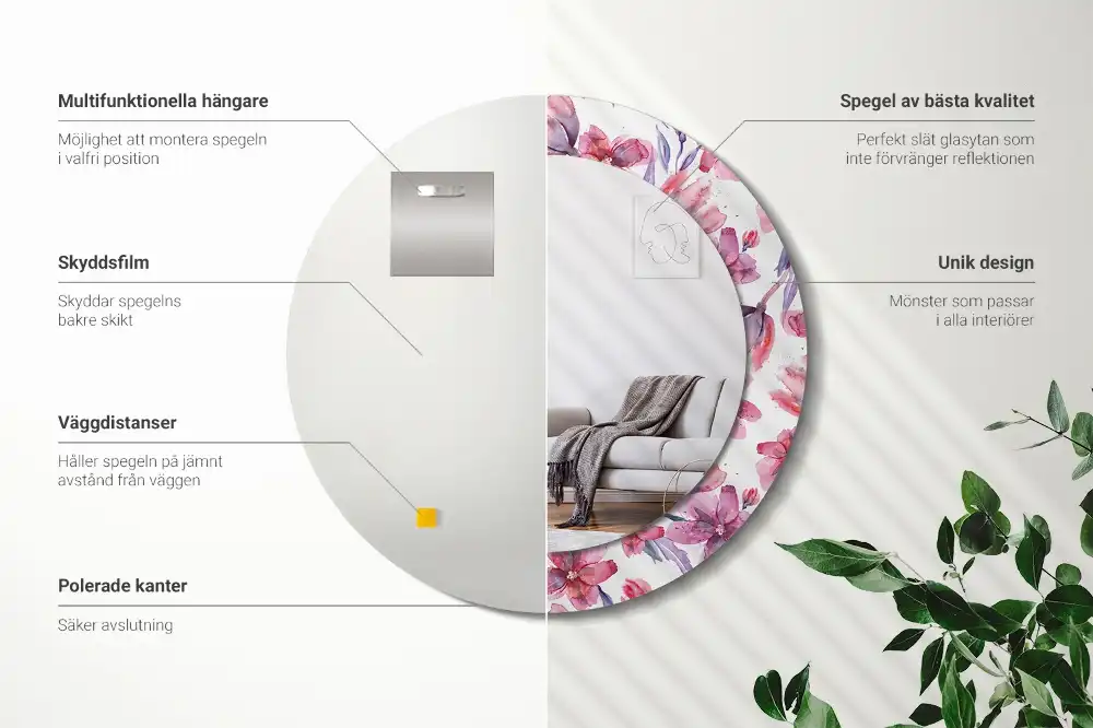 Specchio rotondo con cornice stampata Fiori ad acquerello