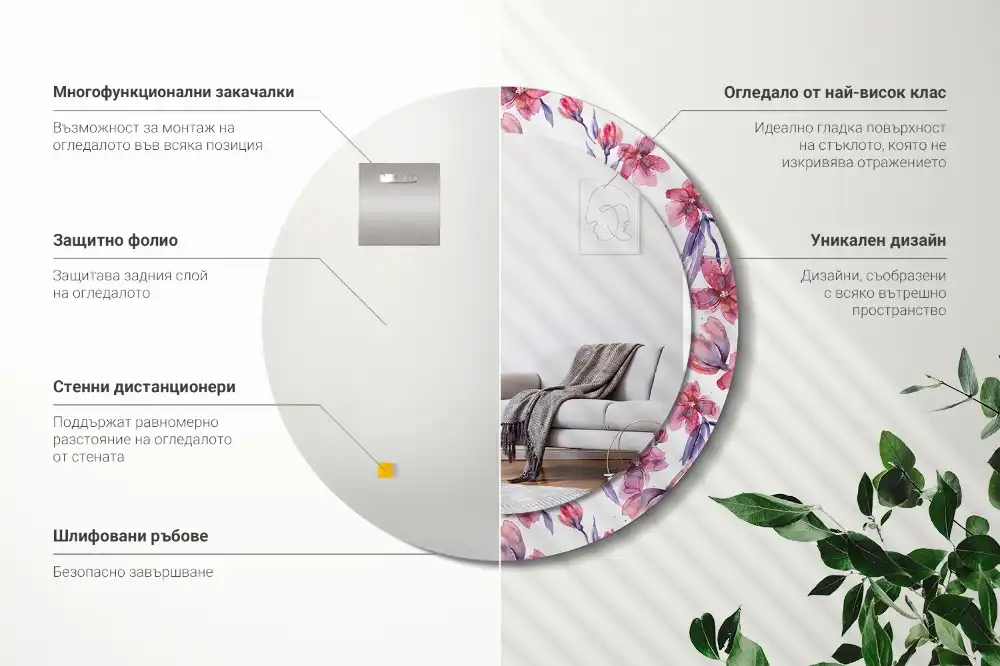 Specchio rotondo con cornice stampata Fiori ad acquerello