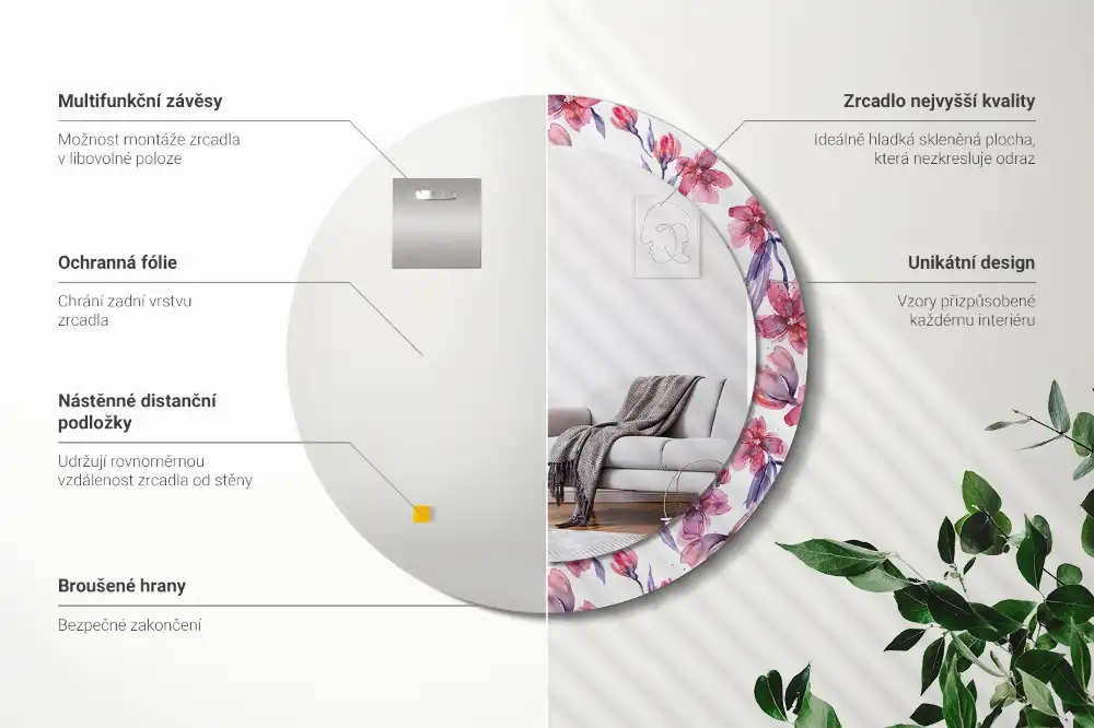 Specchio rotondo con cornice stampata Fiori ad acquerello