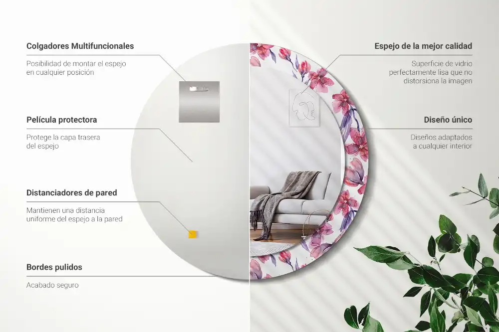 Specchio rotondo con cornice stampata Fiori ad acquerello