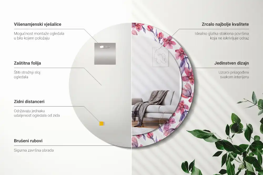 Specchio rotondo con cornice stampata Fiori ad acquerello