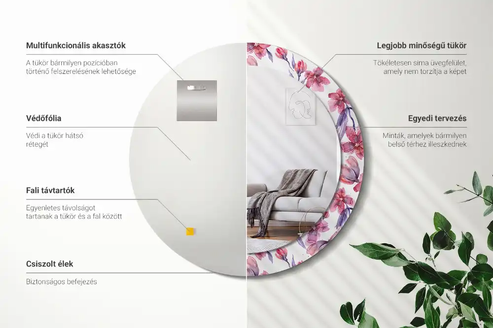 Specchio rotondo con cornice stampata Fiori ad acquerello