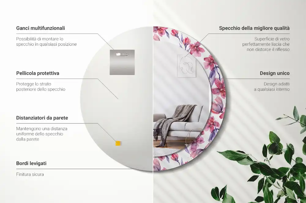 Specchio rotondo con cornice stampata Fiori ad acquerello