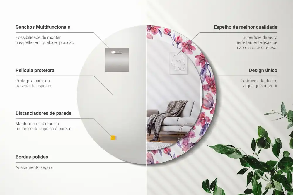 Specchio rotondo con cornice stampata Fiori ad acquerello