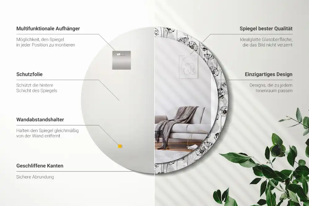 Specchio rotondo con cornice stampata Fiori di papavero