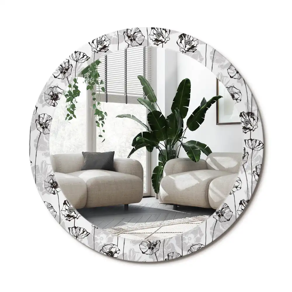 Specchio rotondo con cornice stampata Fiori di papavero