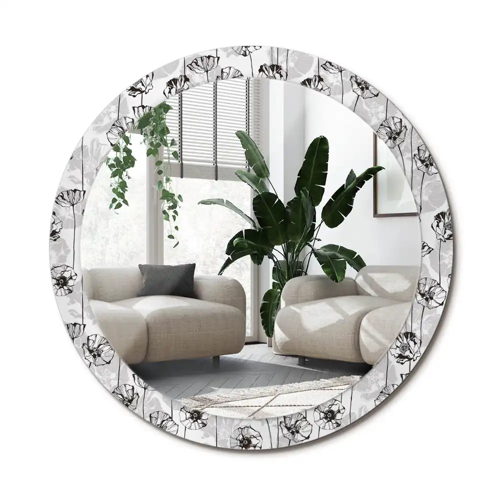 Specchio rotondo con cornice stampata Fiori di papavero