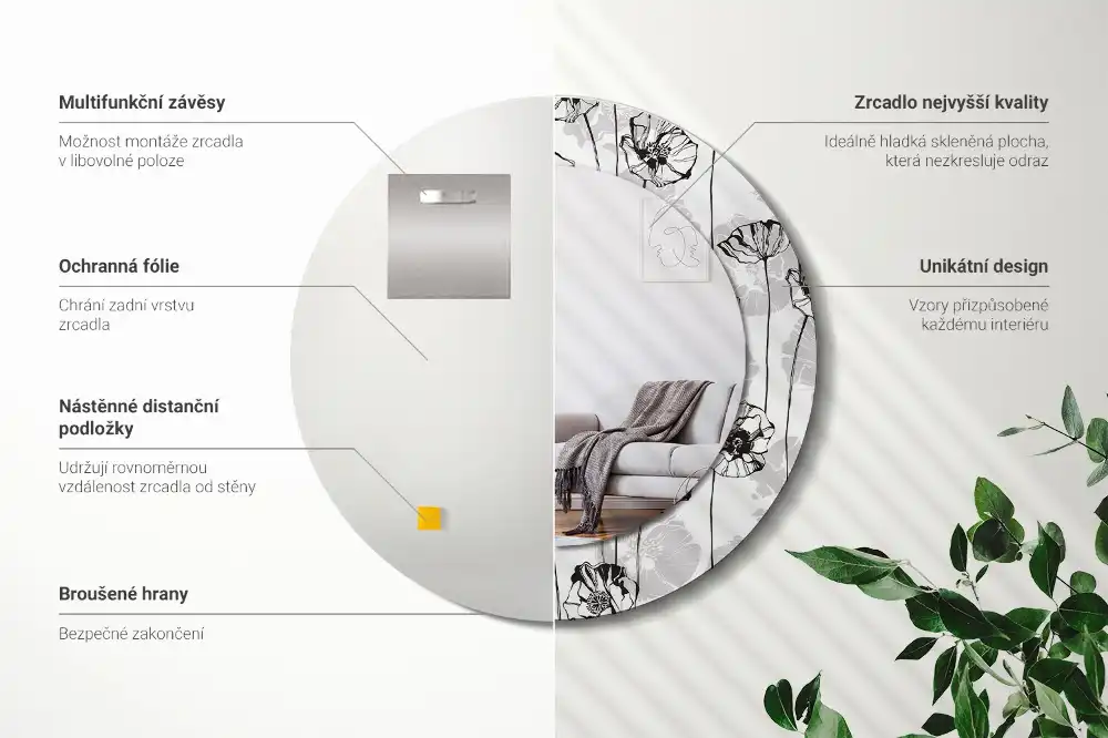 Specchio rotondo con cornice stampata Fiori di papavero