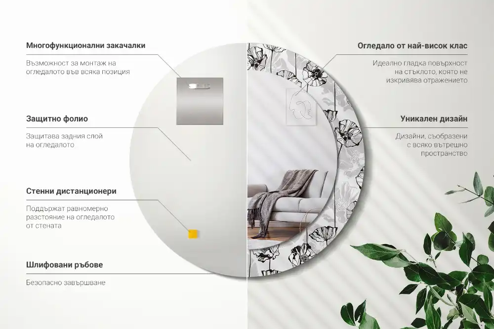 Specchio rotondo con cornice stampata Fiori di papavero