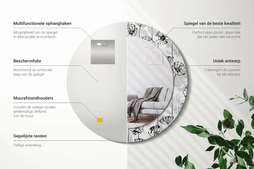 Specchio rotondo con cornice stampata Fiori di papavero