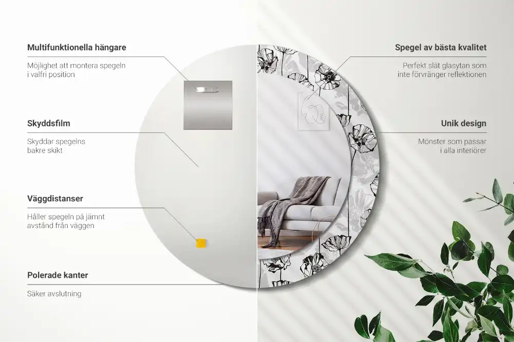 Specchio rotondo con cornice stampata Fiori di papavero