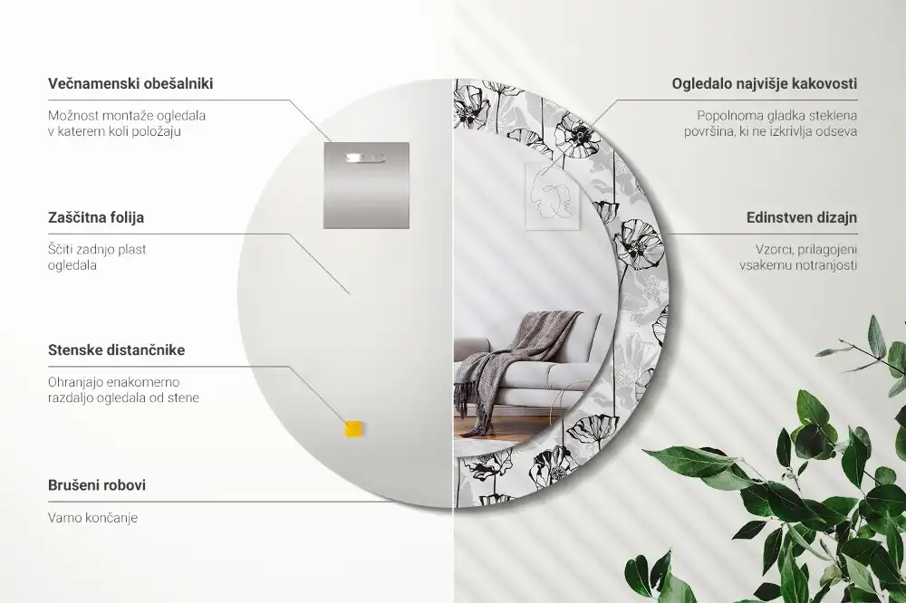 Specchio rotondo con cornice stampata Fiori di papavero