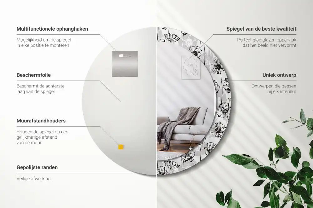 Specchio rotondo con cornice stampata Fiori di papavero