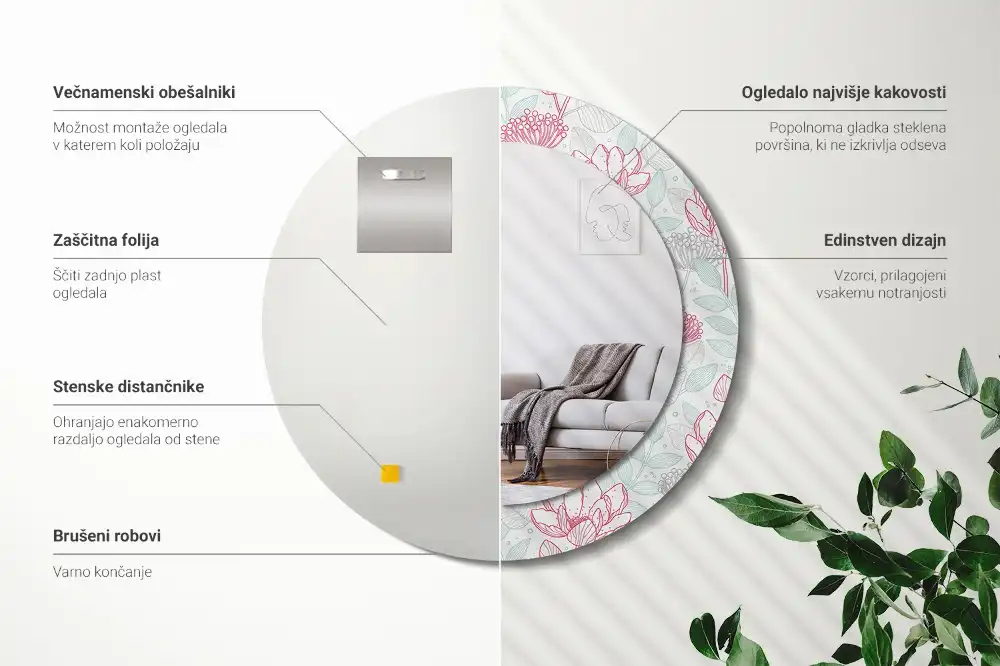 Specchio circolare stampato Fiori