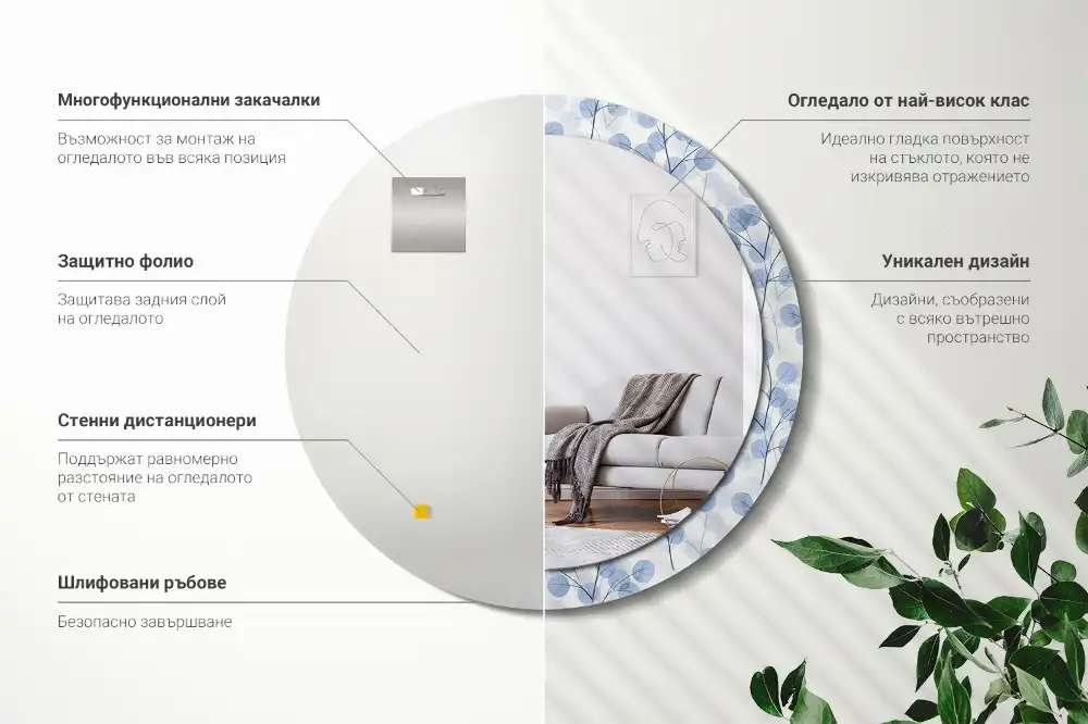 Specchio rotondo con cornice stampata Rami e foglie