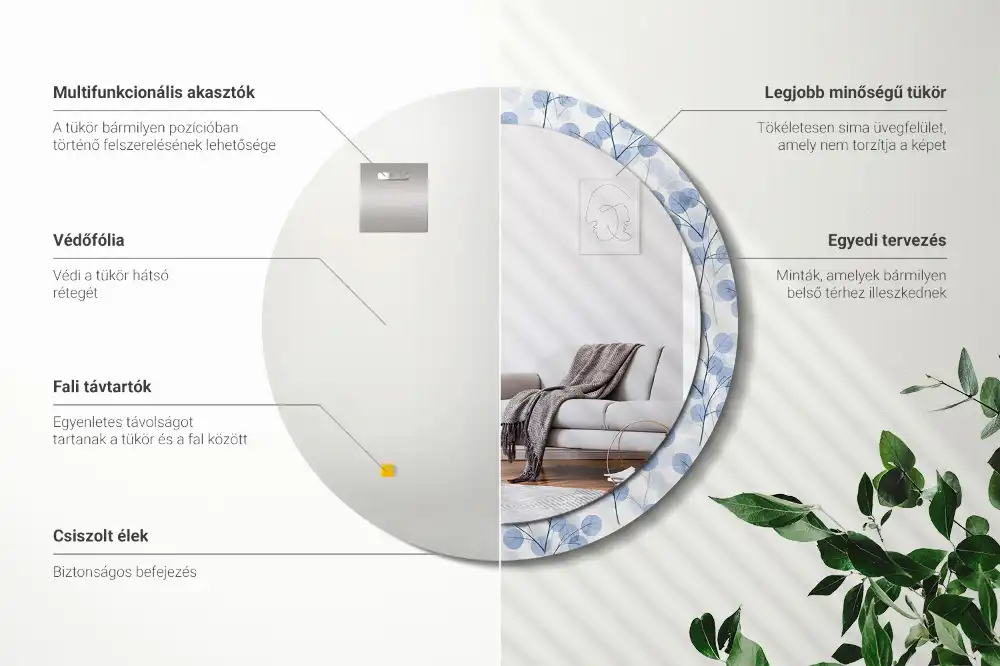 Specchio rotondo con cornice stampata Rami e foglie