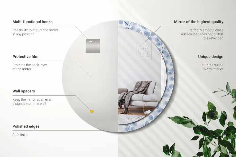 Specchio rotondo con cornice stampata Rami e foglie