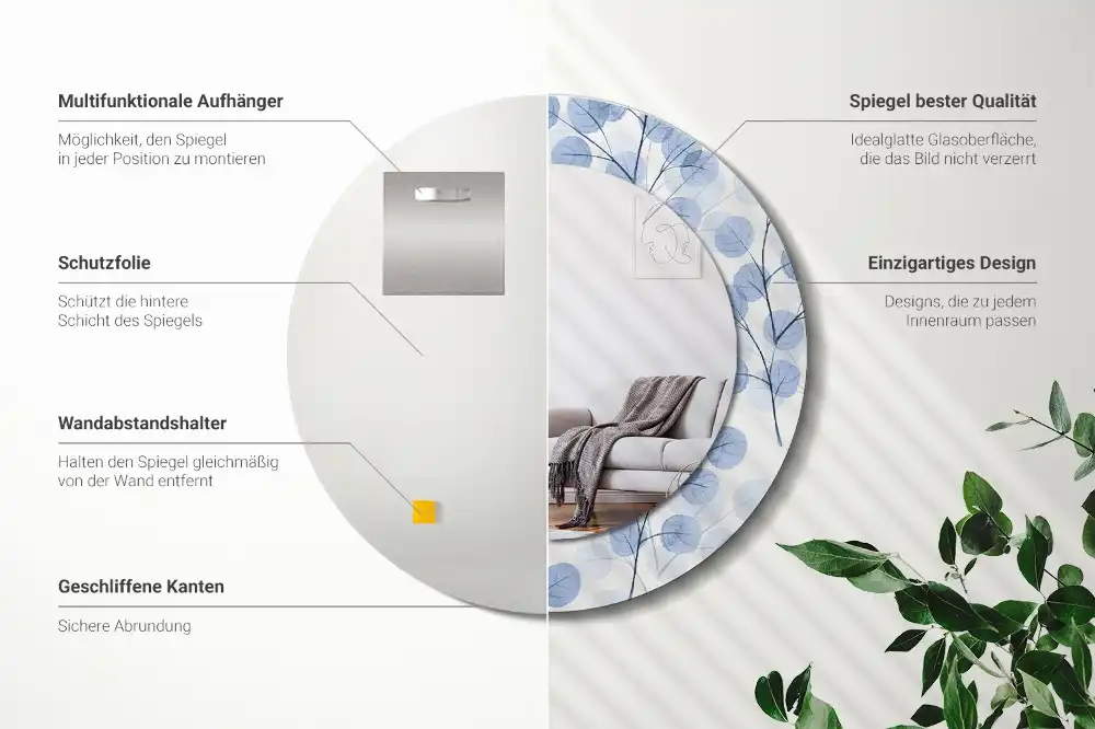 Specchio rotondo con cornice stampata Rami e foglie