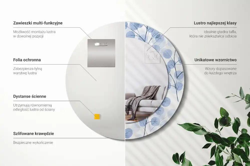 Specchio rotondo con cornice stampata Rami e foglie