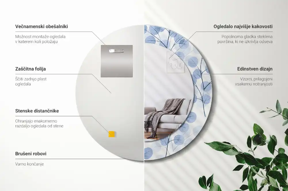 Specchio rotondo con cornice stampata Rami e foglie