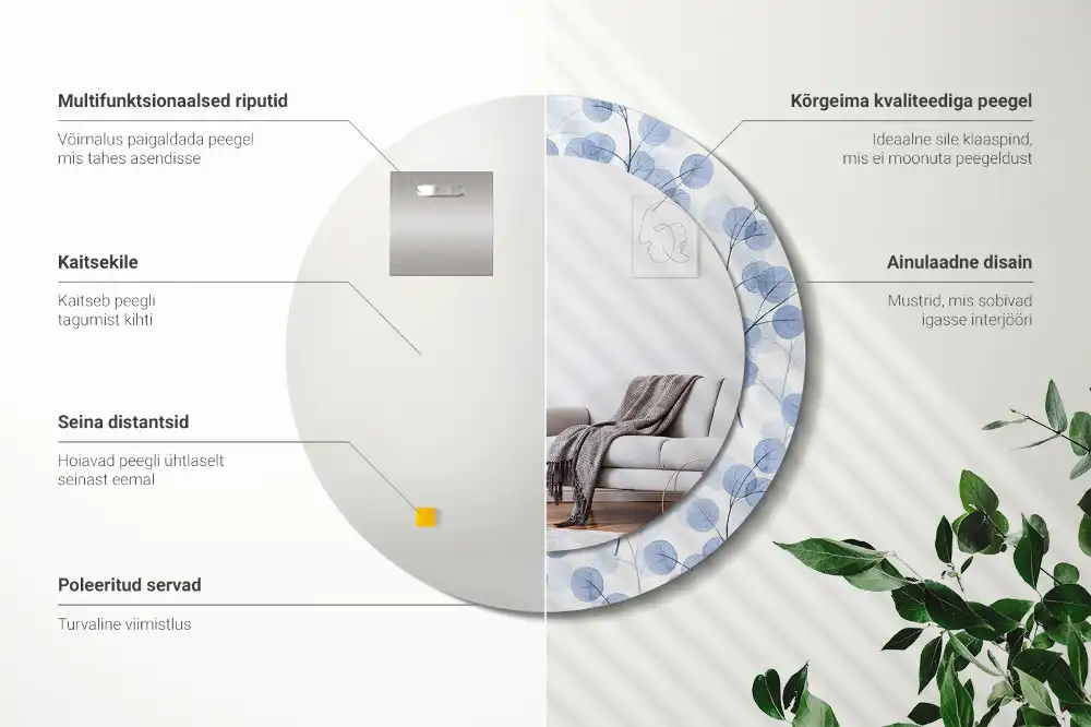 Specchio rotondo con cornice stampata Rami e foglie