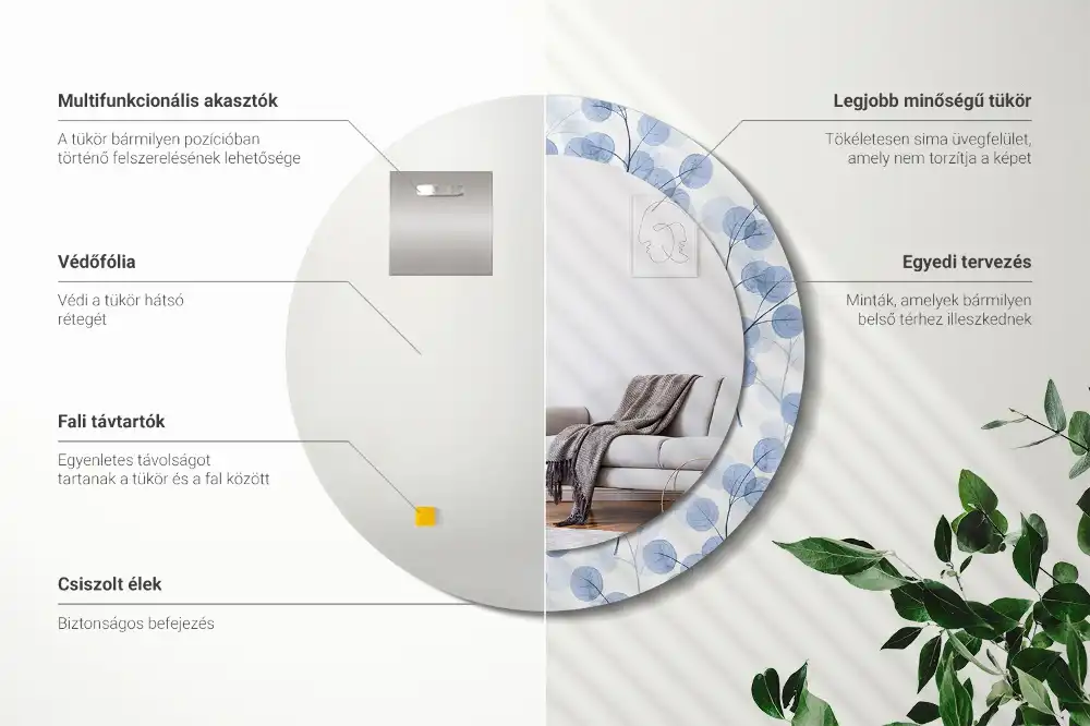 Specchio rotondo con cornice stampata Rami e foglie