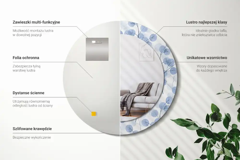 Specchio rotondo con cornice stampata Rami e foglie