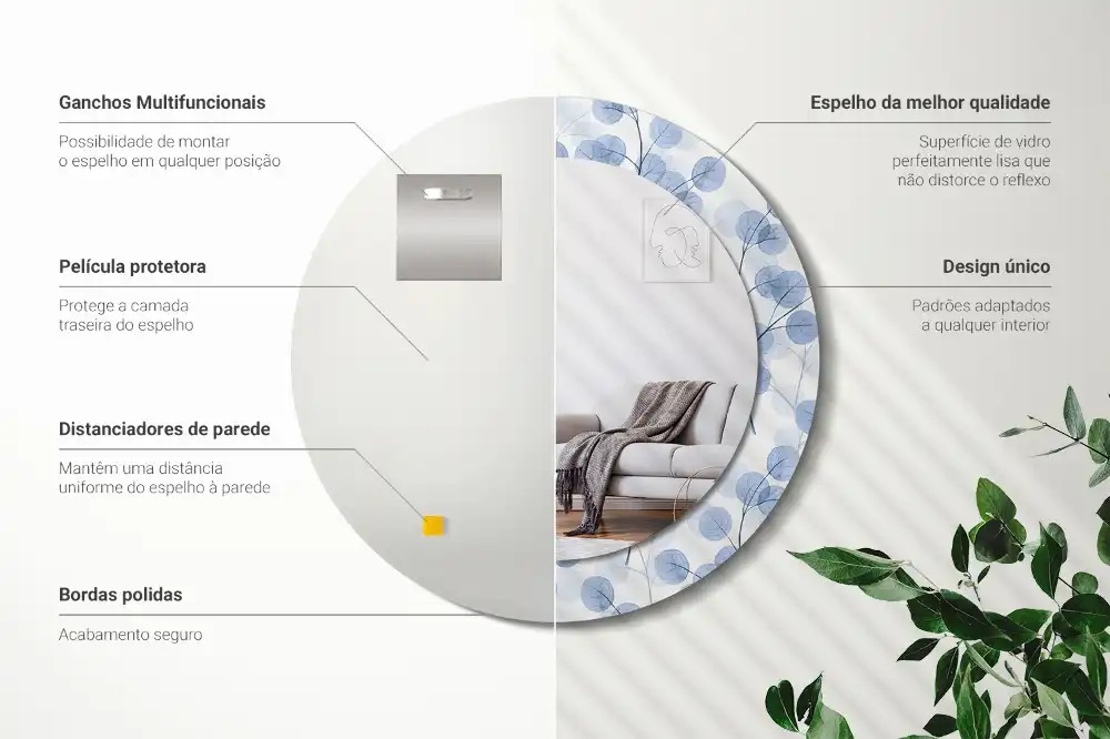 Specchio rotondo con cornice stampata Rami e foglie