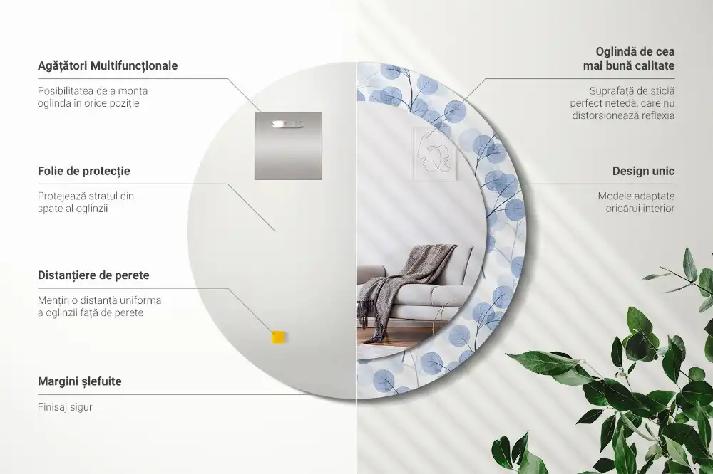 Specchio rotondo con cornice stampata Rami e foglie