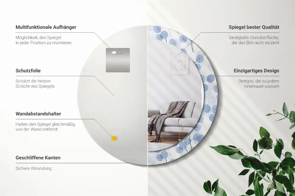 Specchio rotondo con cornice stampata Rami e foglie