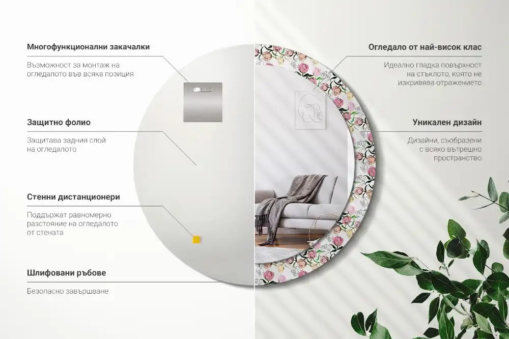 Specchio circolare stampato Boccioli di peonia