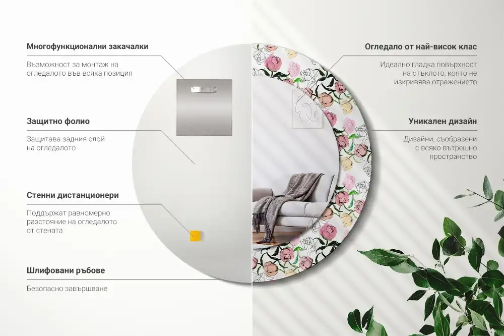 Specchio circolare stampato Boccioli di peonia