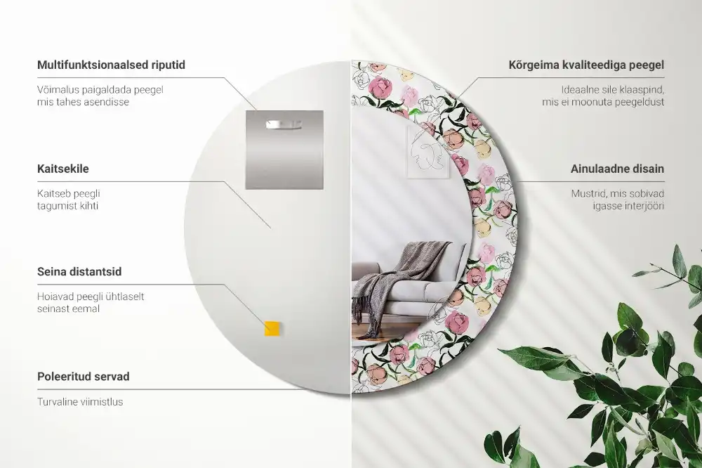 Specchio circolare stampato Boccioli di peonia