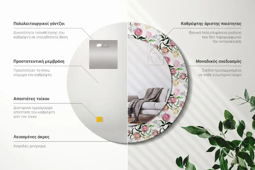 Specchio circolare stampato Boccioli di peonia