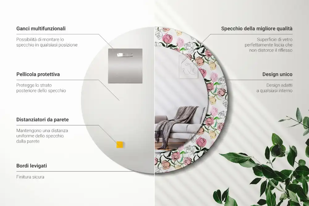 Specchio circolare stampato Boccioli di peonia